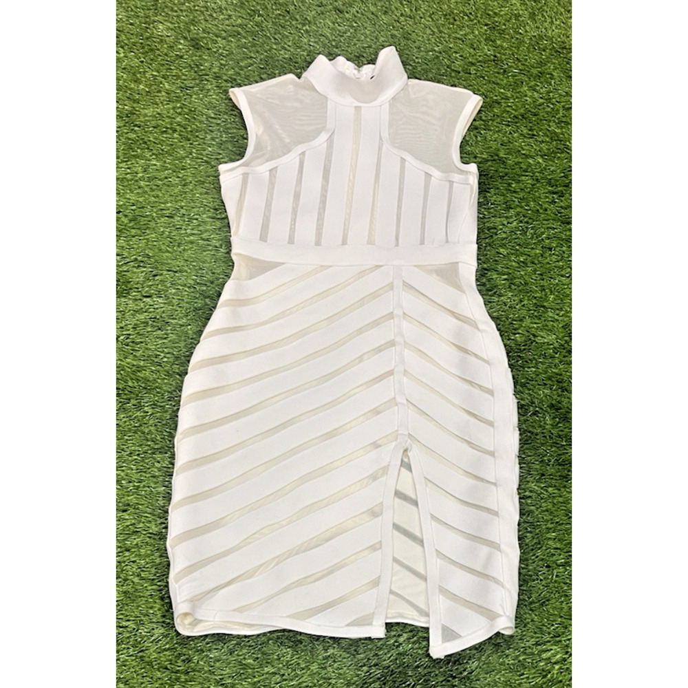 Kira Kira White Structured Mesh Panel Bodycon Dress Mock Neck Slit Bandage XS